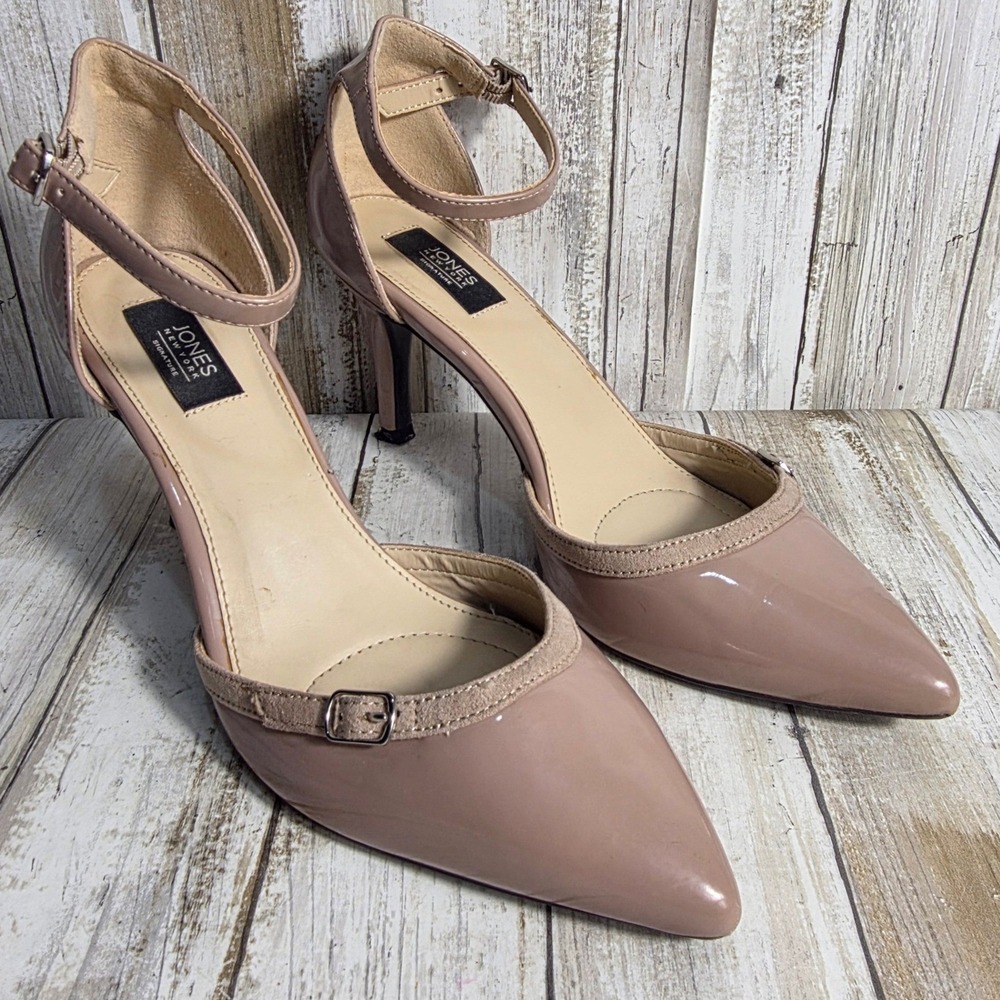 Jones New York Signature Womens Nude Patent Pointed Toe Ankle Strap Pumps Heels - Picture 2 of 11